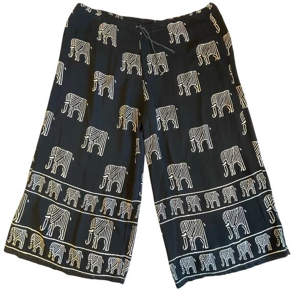 Boho Elephant Print Rayon Black Draw String Wide Leg Casual Soft Pants Free Size - Picture 1 of 16